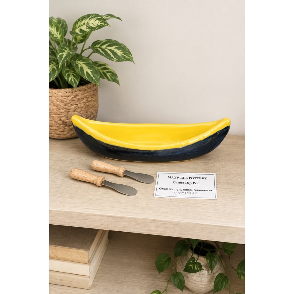 Maxwell Pottery Canada Blue Yellow Canoe Dip Bowl Cheese Spreader Set Signed